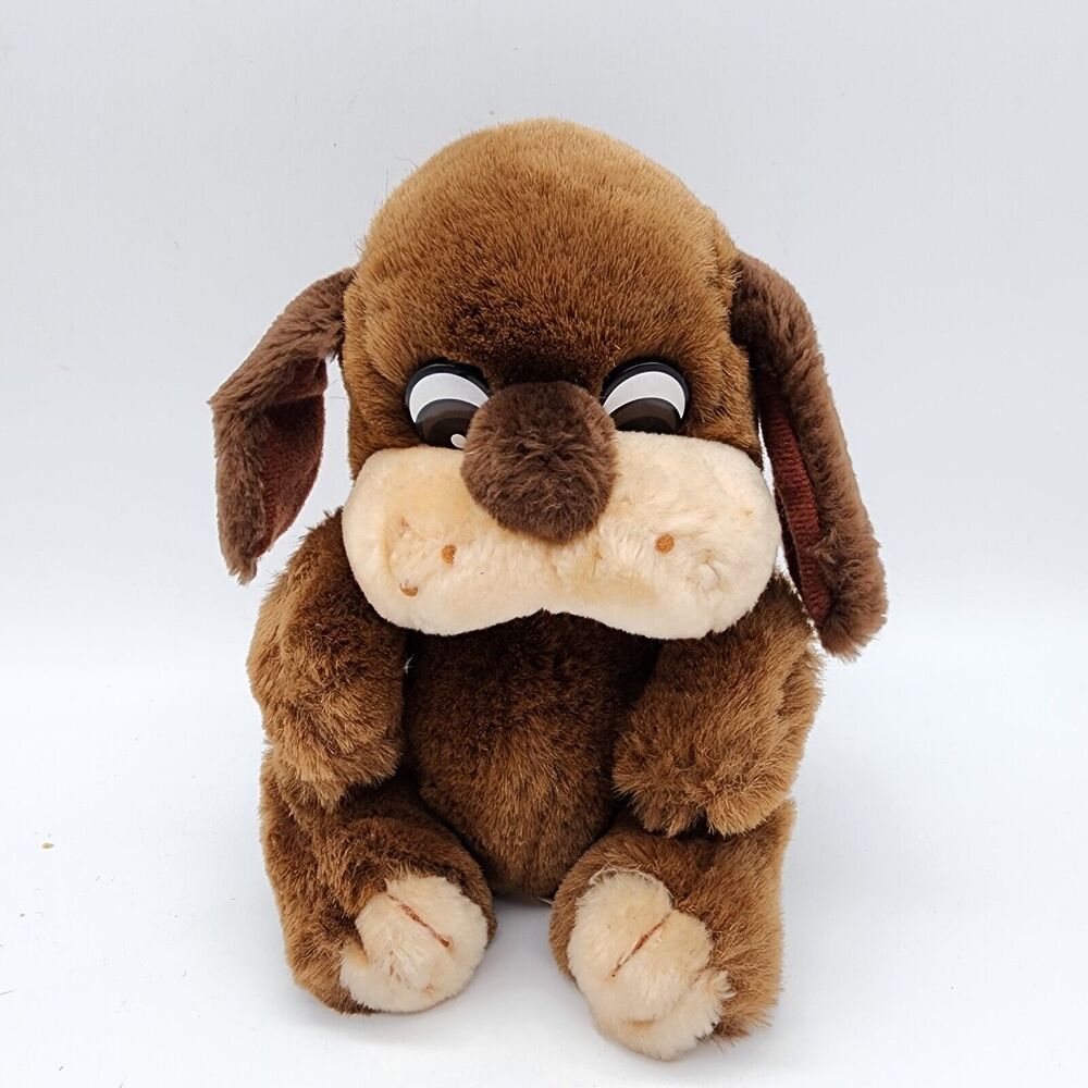 Vintage Hound Dog Plush 8" Brown Fur Flat Eyes Red Tongue Stuffed Animal 1990s